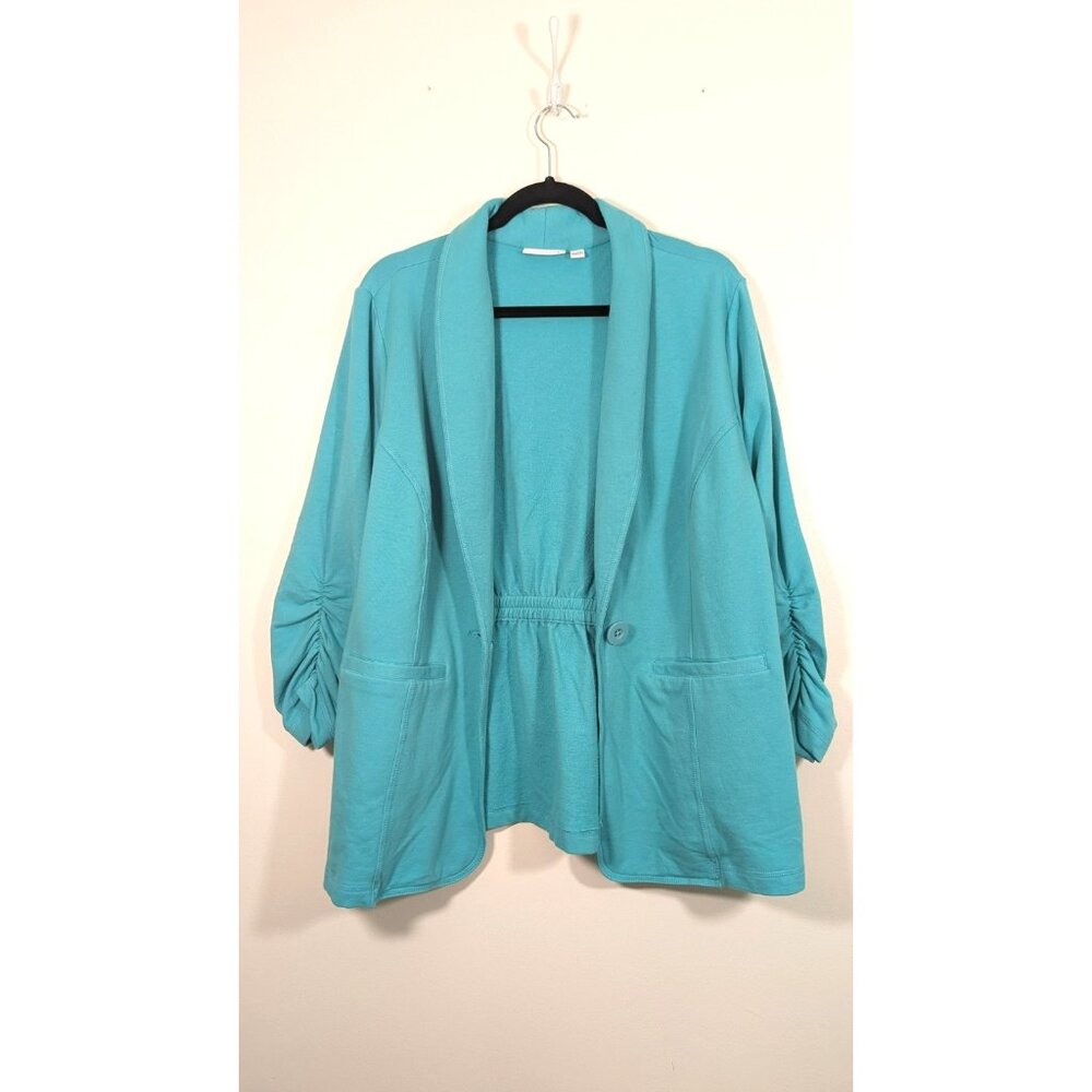 Susan Graver Womens Plus 1X Blue One Button Blazer Jacket Cinched Sleeve Pockets